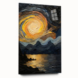 Abstract Swirling Sun Over Lake – Dynamic Sun Wall Art in Gold and Navy
