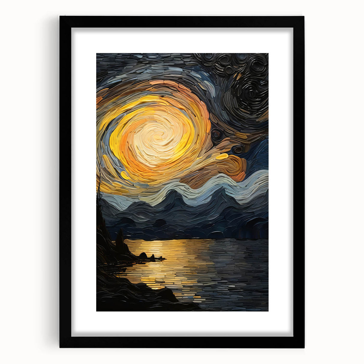 Abstract Swirling Sun Over Lake – Dynamic Sun Wall Art in Gold and Navy