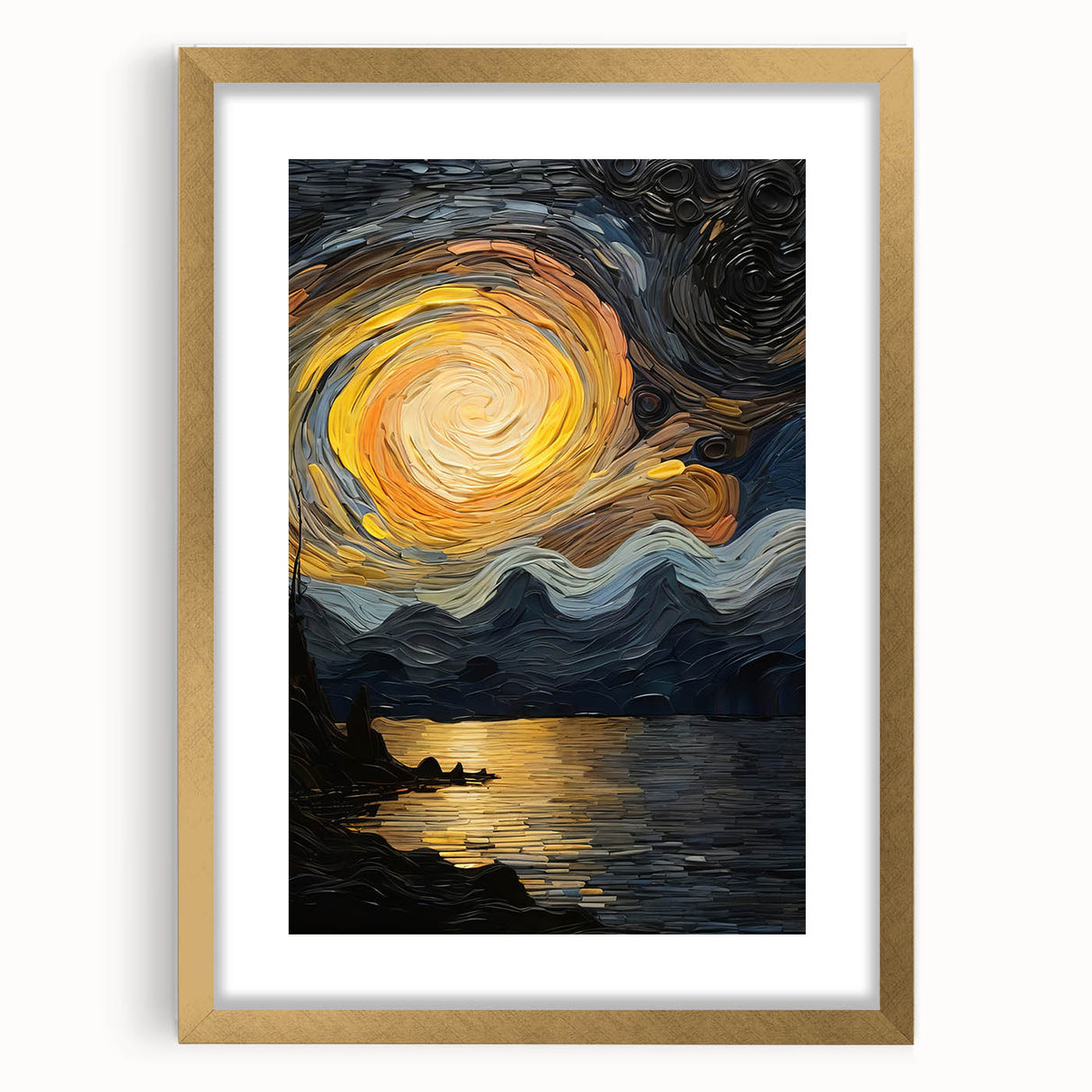 Abstract Swirling Sun Over Lake – Dynamic Sun Wall Art in Gold and Navy