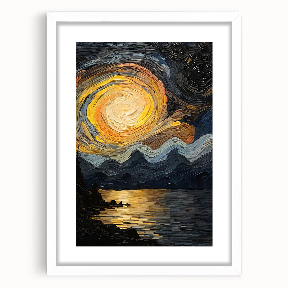 Abstract Swirling Sun Over Lake – Dynamic Sun Wall Art in Gold and Navy