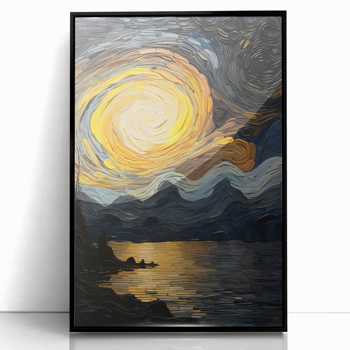 Abstract Swirling Sun Over Lake – Dynamic Sun Wall Art in Gold and Navy
