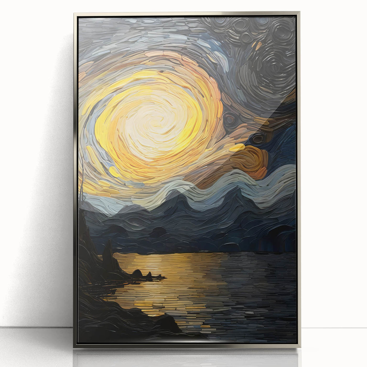 Abstract Swirling Sun Over Lake – Dynamic Sun Wall Art in Gold and Navy