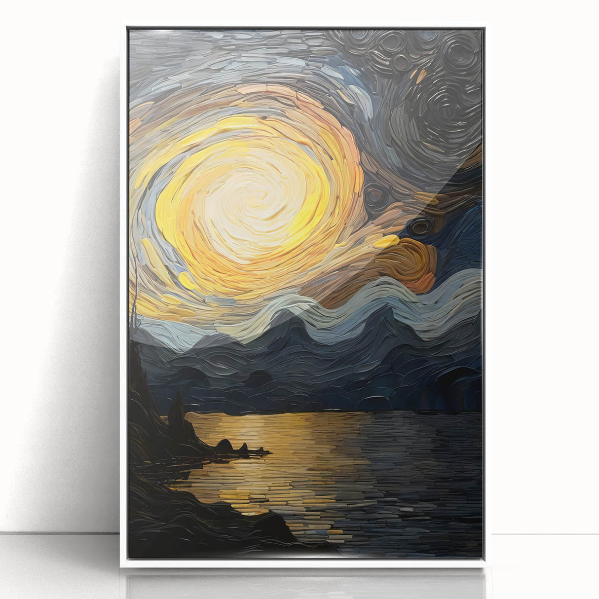 Abstract Swirling Sun Over Lake – Dynamic Sun Wall Art in Gold and Navy