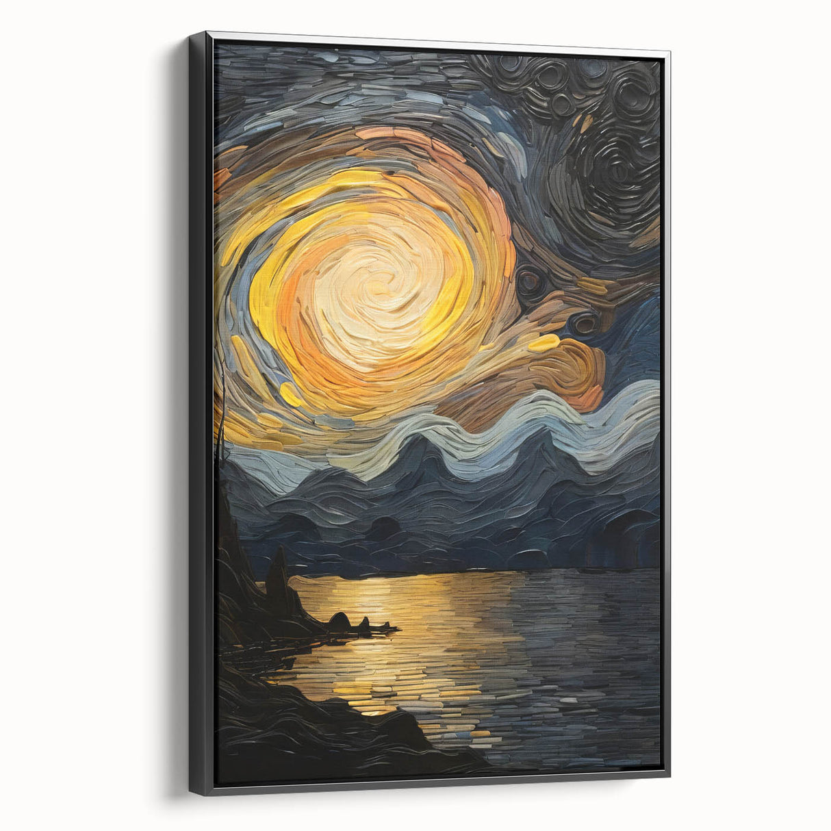 Abstract Swirling Sun Over Lake – Dynamic Sun Wall Art in Gold and Navy