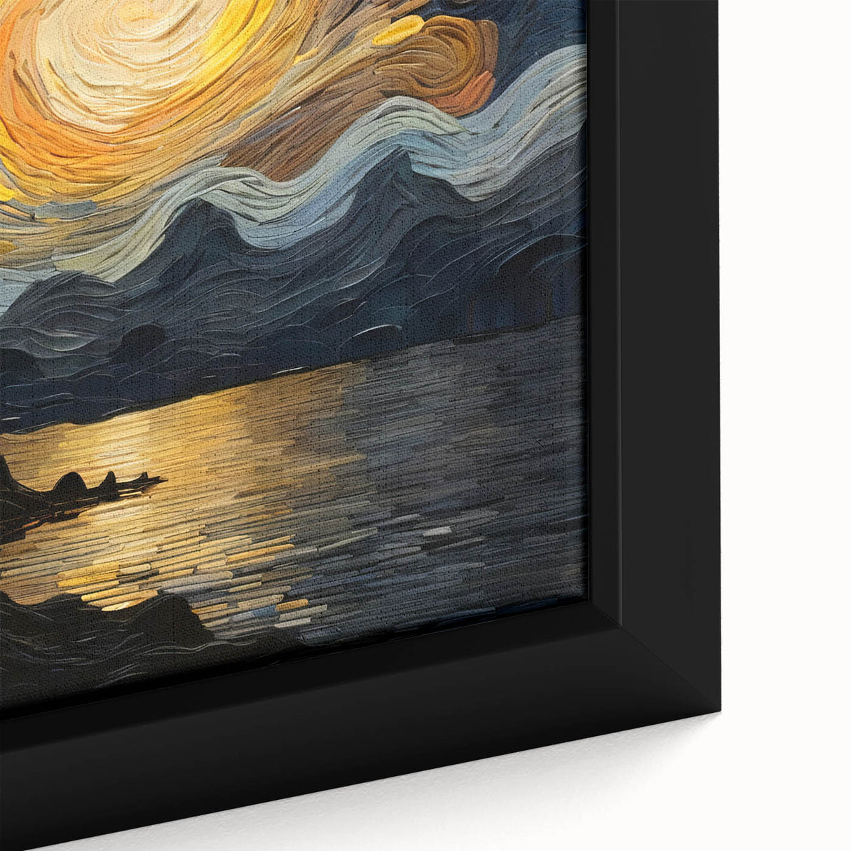 Abstract Swirling Sun Over Lake – Dynamic Sun Wall Art in Gold and Navy