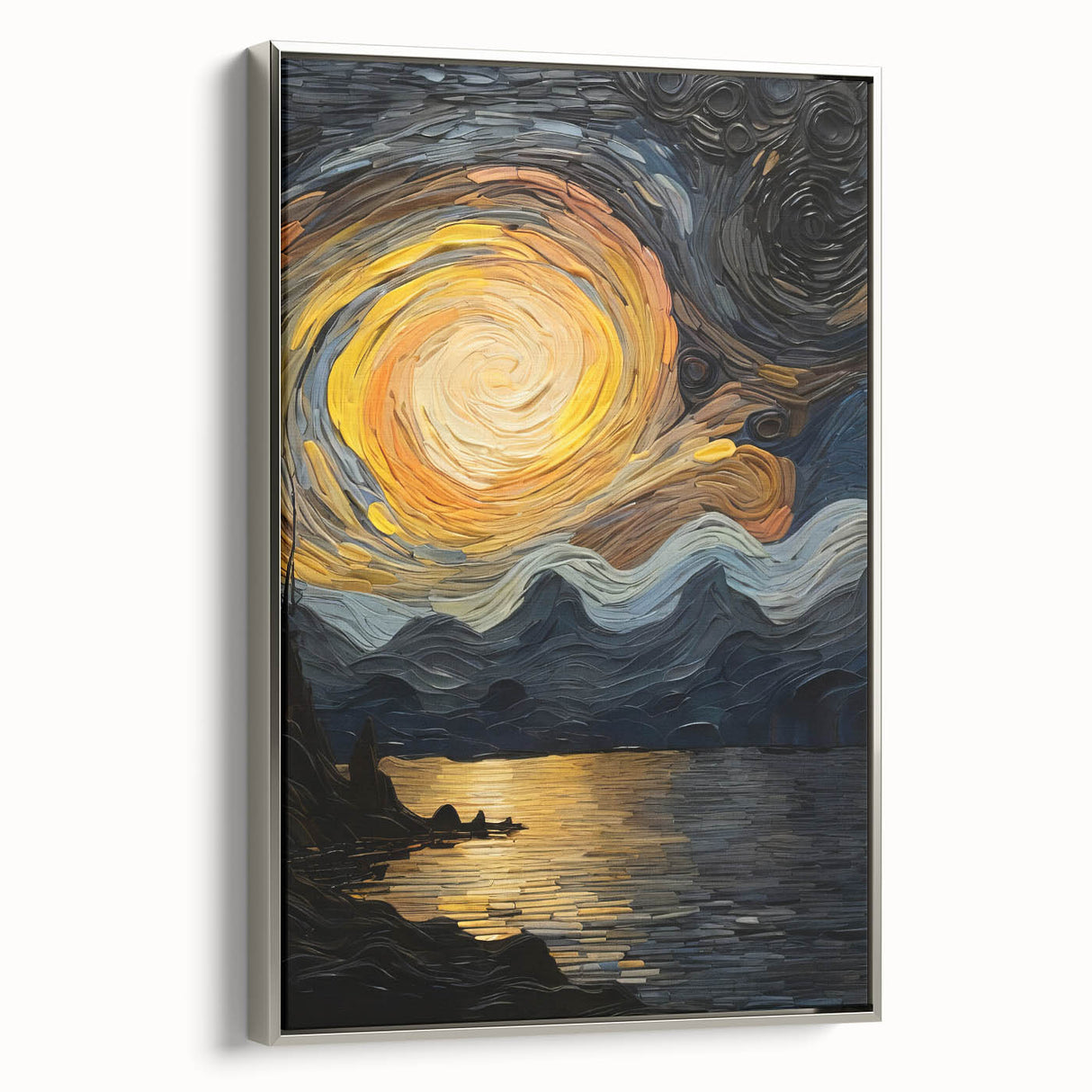 Abstract Swirling Sun Over Lake – Dynamic Sun Wall Art in Gold and Navy