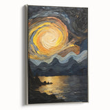 Abstract Swirling Sun Over Lake – Dynamic Sun Wall Art in Gold and Navy