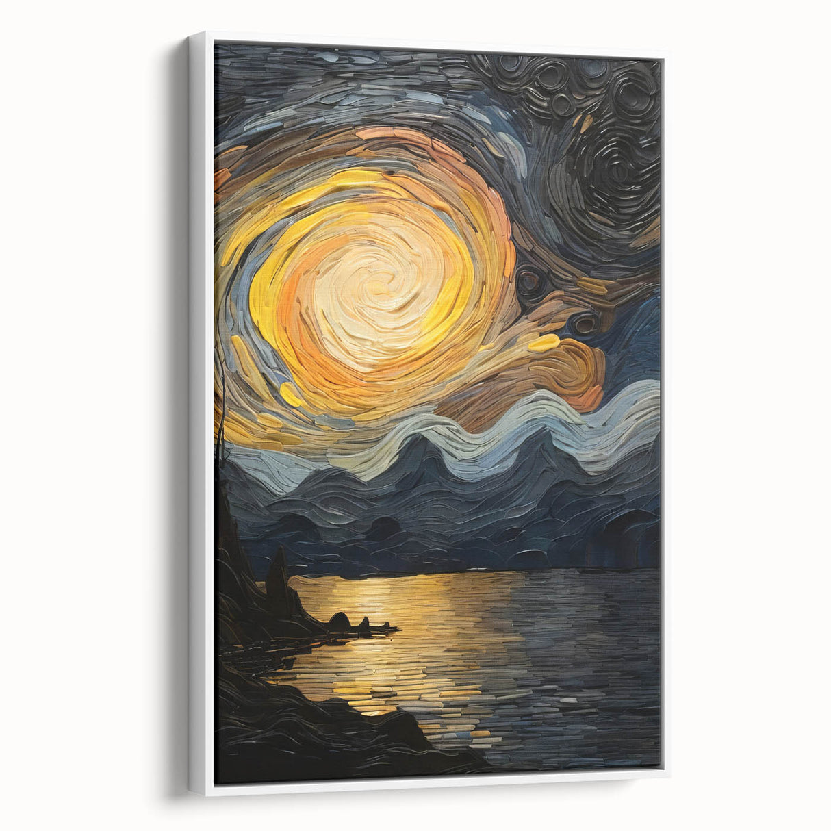 Abstract Swirling Sun Over Lake – Dynamic Sun Wall Art in Gold and Navy