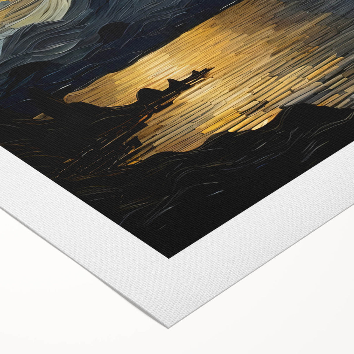 Abstract Swirling Sun Over Lake – Dynamic Sun Wall Art in Gold and Navy