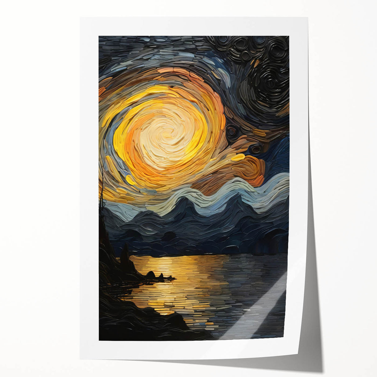 Abstract Swirling Sun Over Lake – Dynamic Sun Wall Art in Gold and Navy