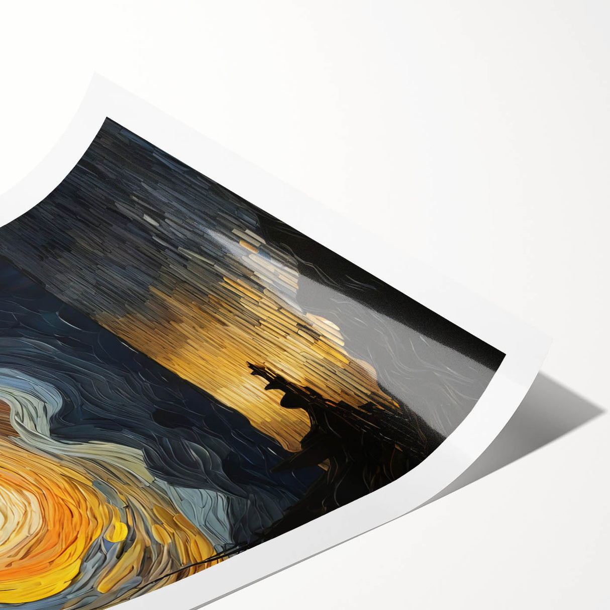 Abstract Swirling Sun Over Lake – Dynamic Sun Wall Art in Gold and Navy