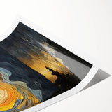Abstract Swirling Sun Over Lake – Dynamic Sun Wall Art in Gold and Navy