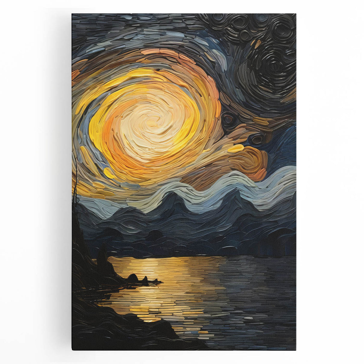Abstract Swirling Sun Over Lake – Dynamic Sun Wall Art in Gold and Navy