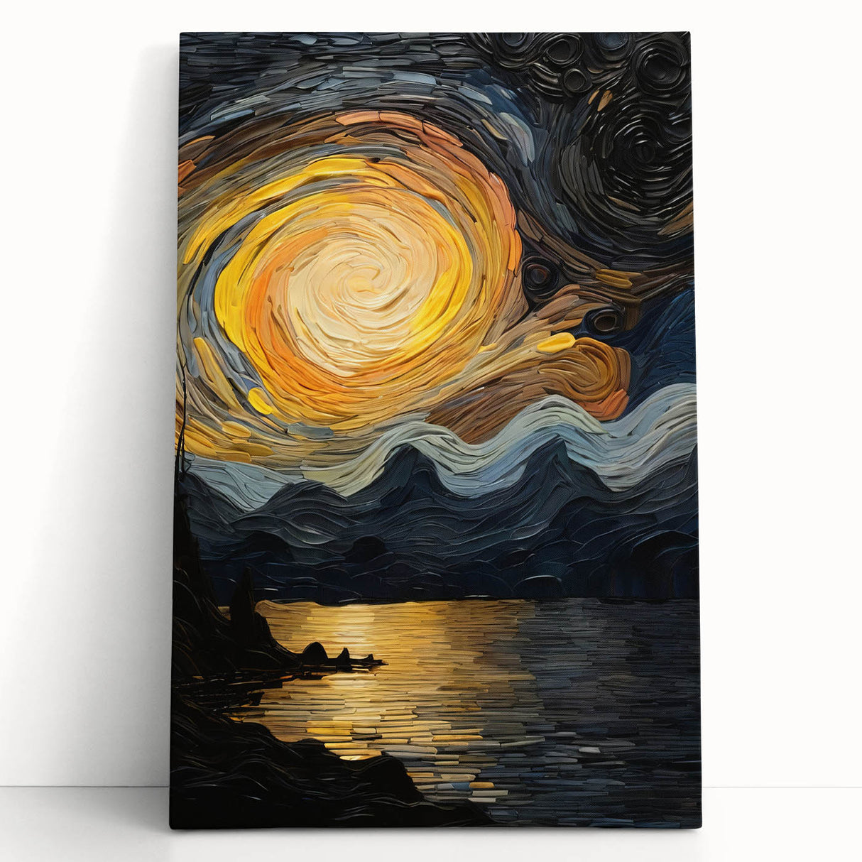 Abstract Swirling Sun Over Lake – Dynamic Sun Wall Art in Gold and Navy