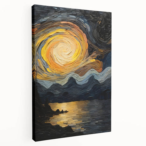 Abstract Swirling Sun Over Lake – Dynamic Sun Wall Art in Gold and Navy