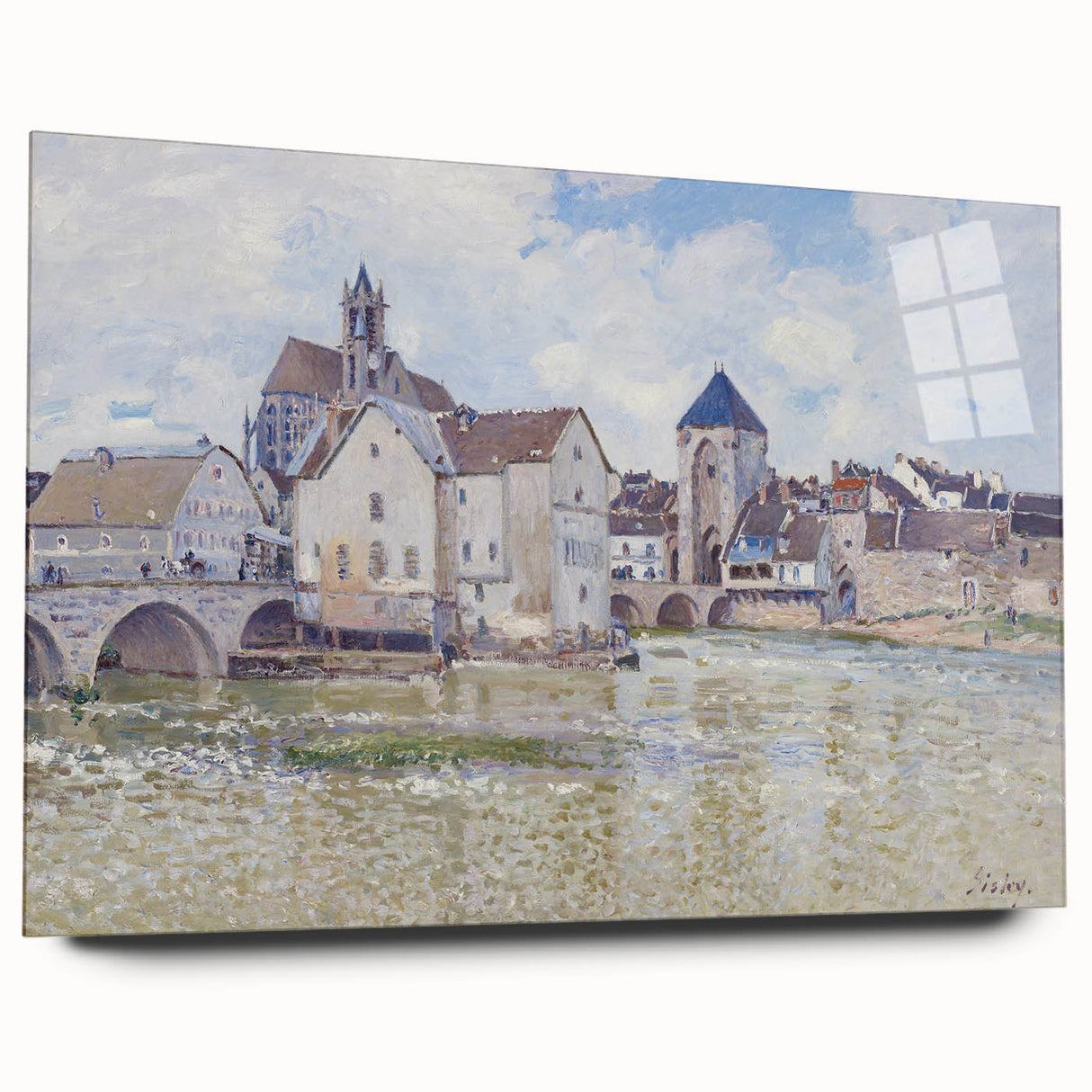 Acrylic print of Alfred Sisley's impressionist landscape in soft blue and green hues.
