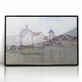 Large abstract wall art print in a black frame, featuring mid-century modernist pastel shades.