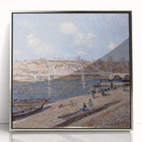 Mid-century modernist art depicting a serene river landscape in muted earth tones on a framed acrylic print.