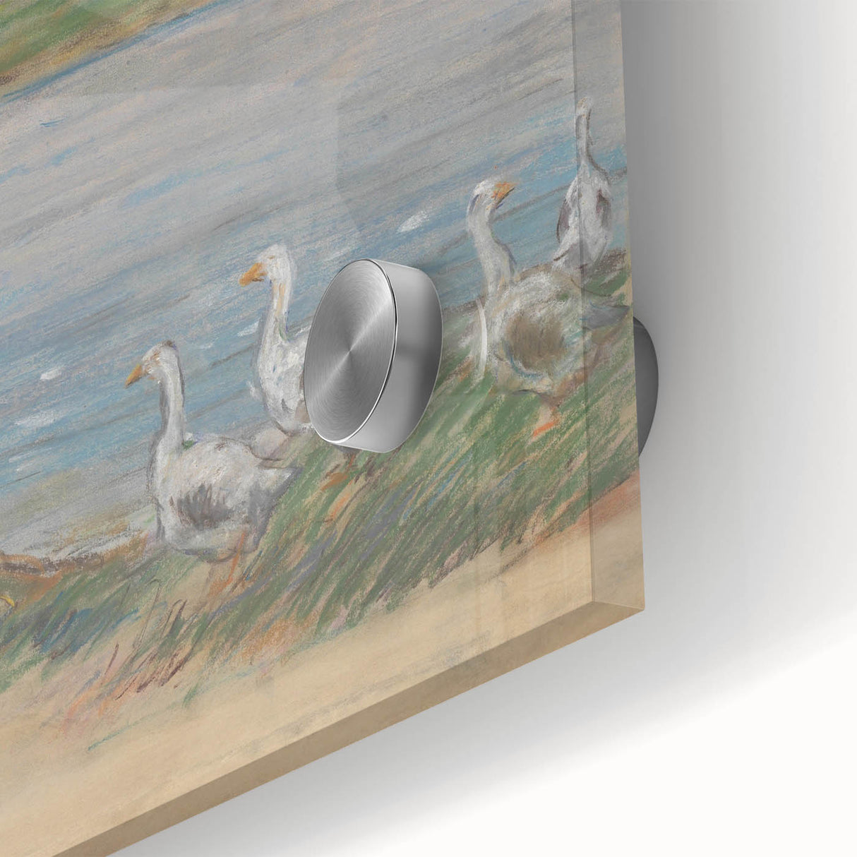 Mid-century modernist large abstract wall art by Alfred Sisley on acrylic glass, featuring cool blue and green tones.