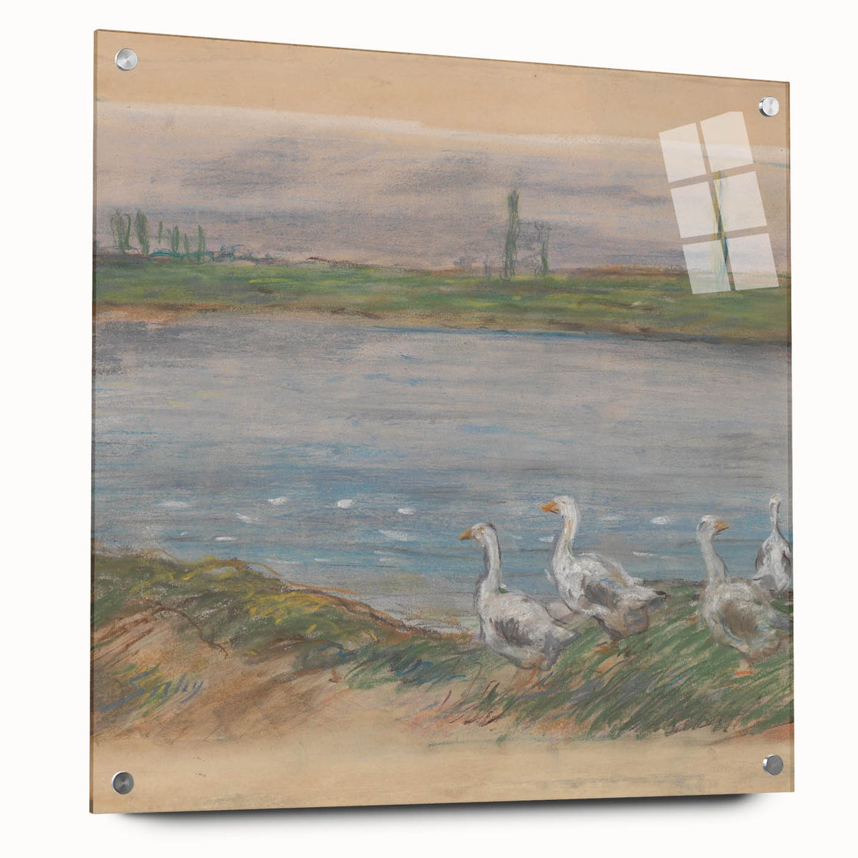 Acrylic print of Alfred Sisley's landscape with muted green and blue tones, ideal for dining room art.
