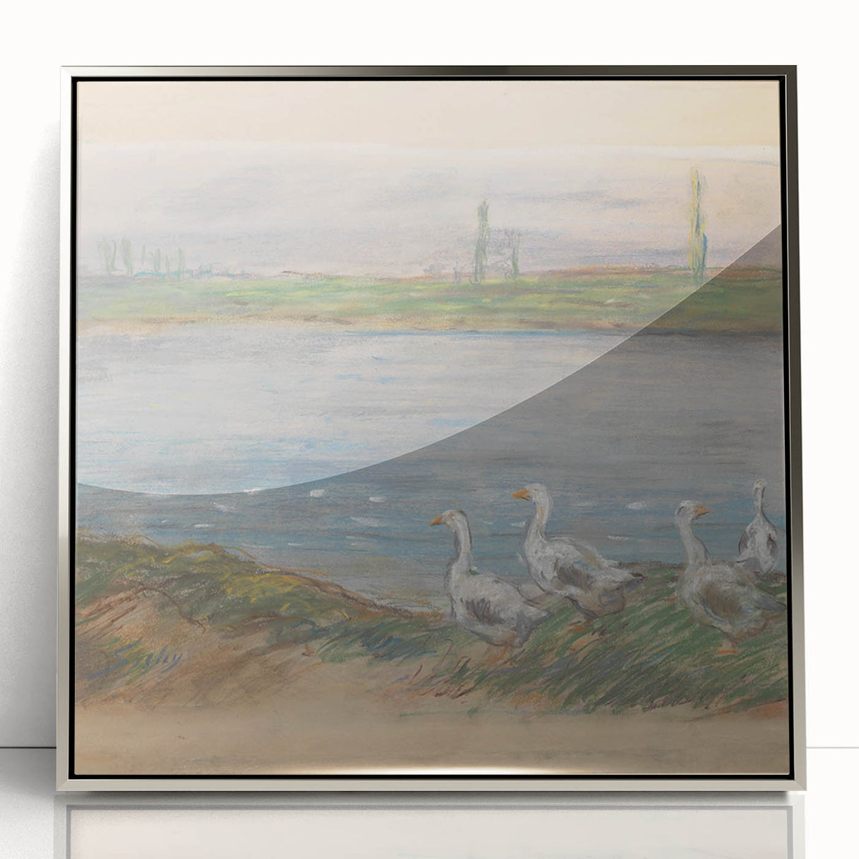 Mid-century modernist art of a serene landscape in cool blue and green hues, framed acrylic, suitable for nursery wall decor.