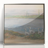 Mid-century modernist art of a serene landscape in cool blue and green hues, framed acrylic, suitable for nursery wall decor.