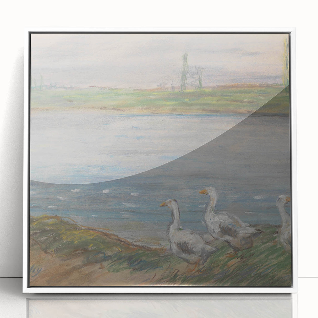 Art deco style modern art wall decor depicting a serene landscape, printed on a framed acrylic, ideal for nursery wall art.