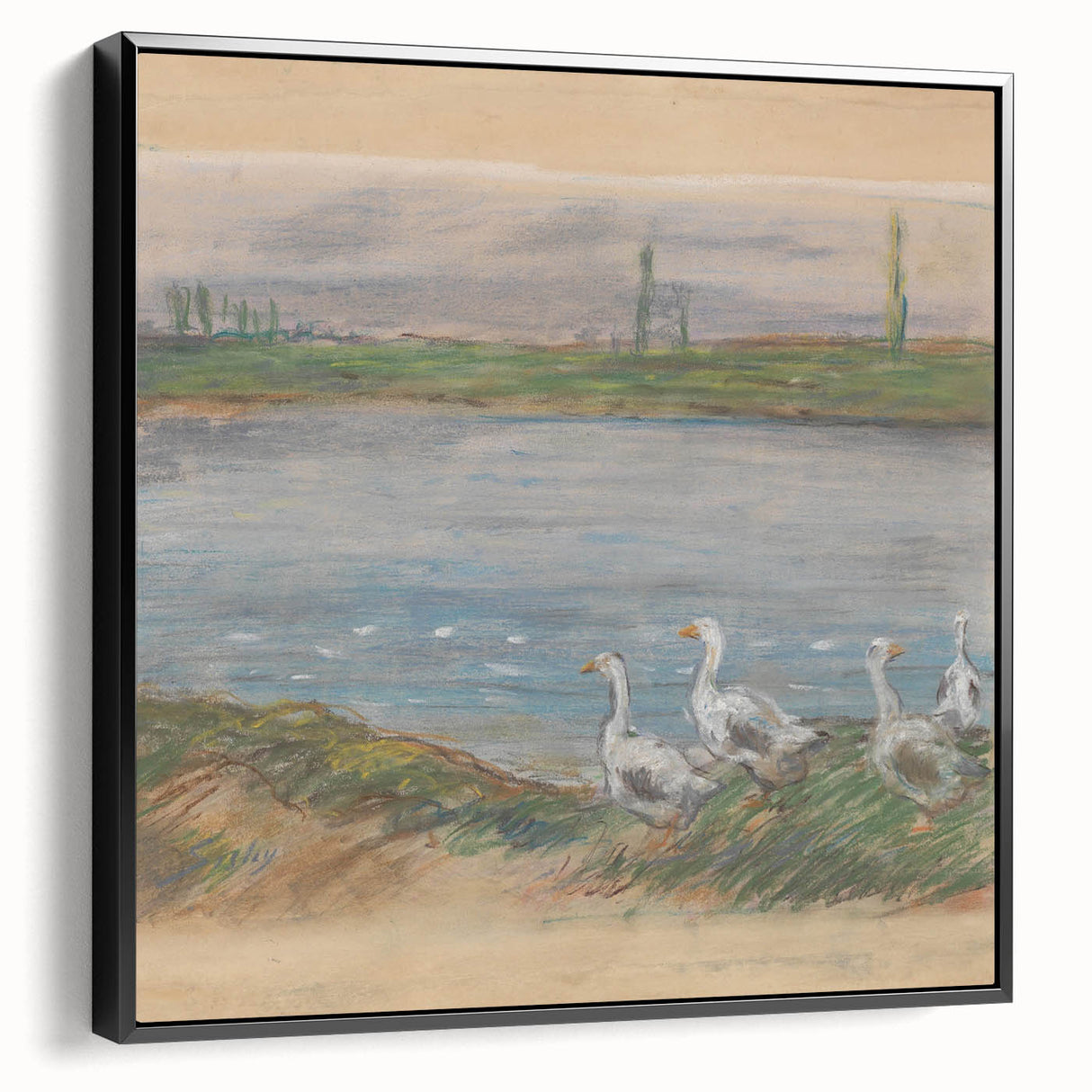 Black and white landscape art painting on framed canvas, depicting a serene river scene in a vintage poster style.