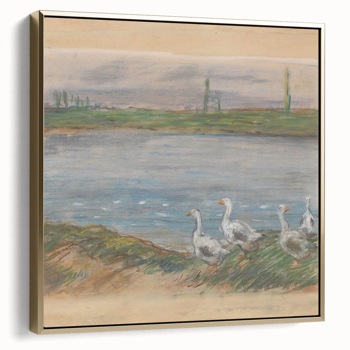 Framed canvas of Alfred Sisley's landscape painting featuring muted green and blue tones, ideal for bedroom wall art.