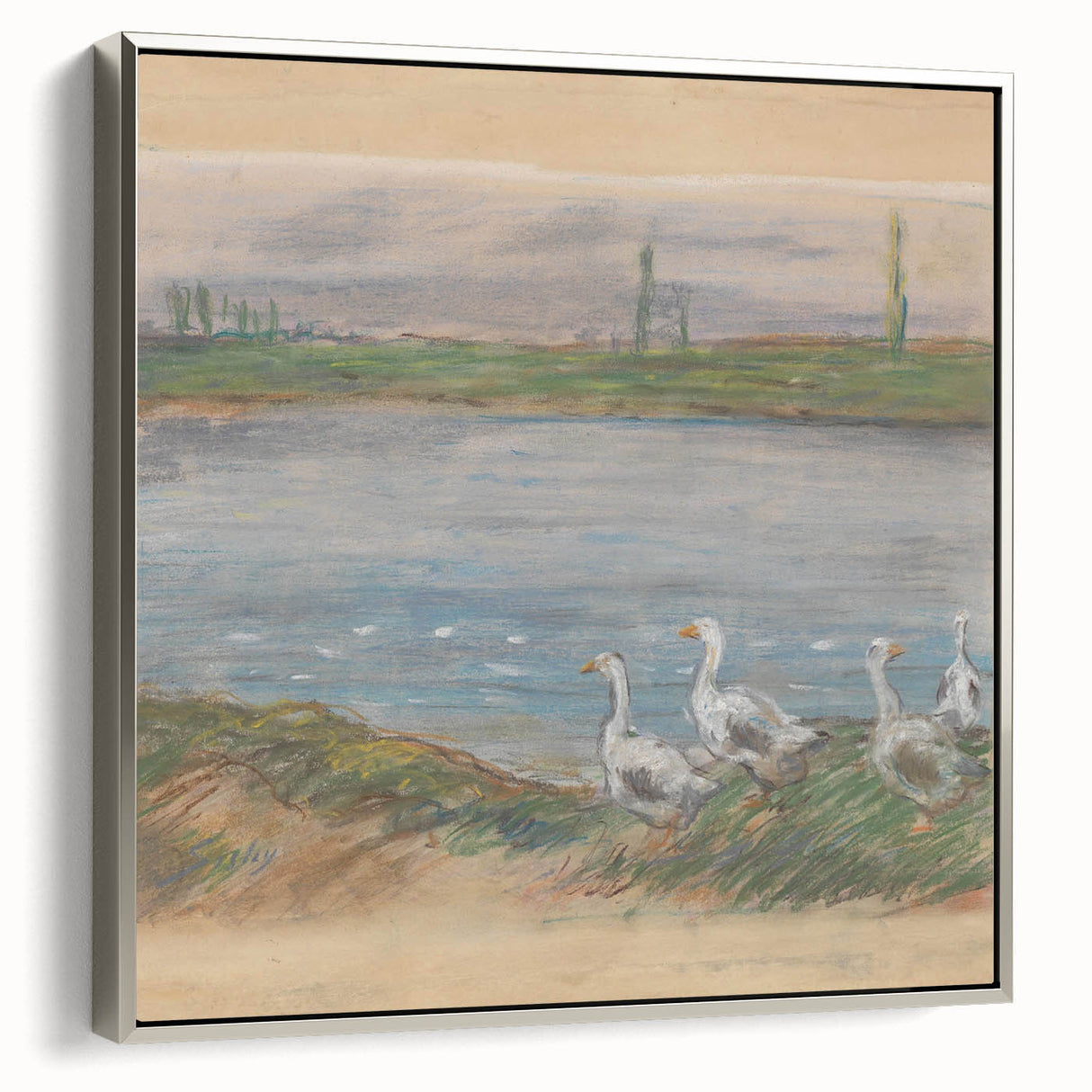 Framed canvas of Alfred Sisley's landscape painting with colorful trees and a river, in a vintage style.