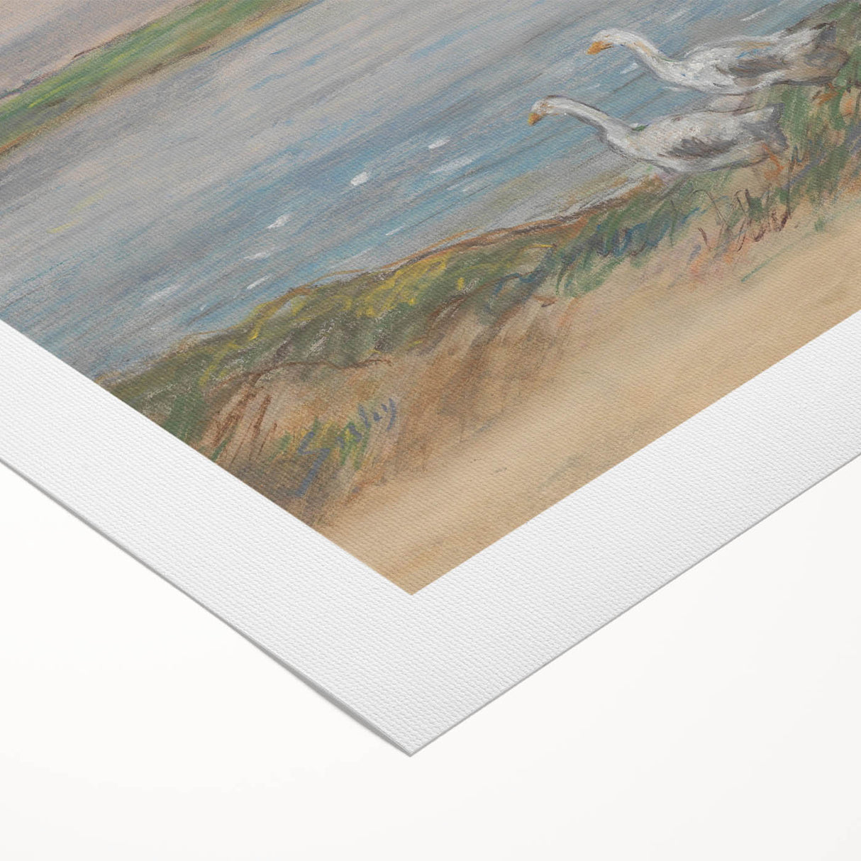 Art deco poster featuring a serene river landscape in soft pastel colors on rolled canvas, suitable for dining room decor.