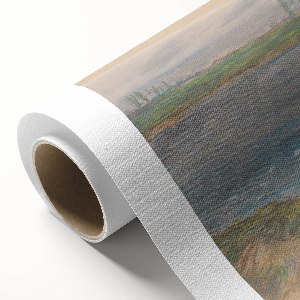 Art Deco-style poster featuring a serene landscape in soft pastel colors, printed on rolled canvas.