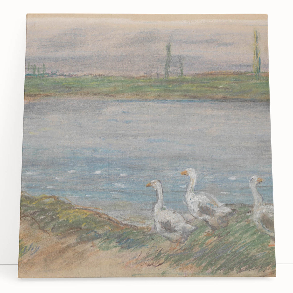 Black and white print of Alfred Sisley's riverscape on stretched canvas, ideal for kitchen wall art.
