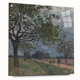 Acrylic print of Alfred Sisley's impressionist landscape in soft green and blue tones, ideal for dining room decor.