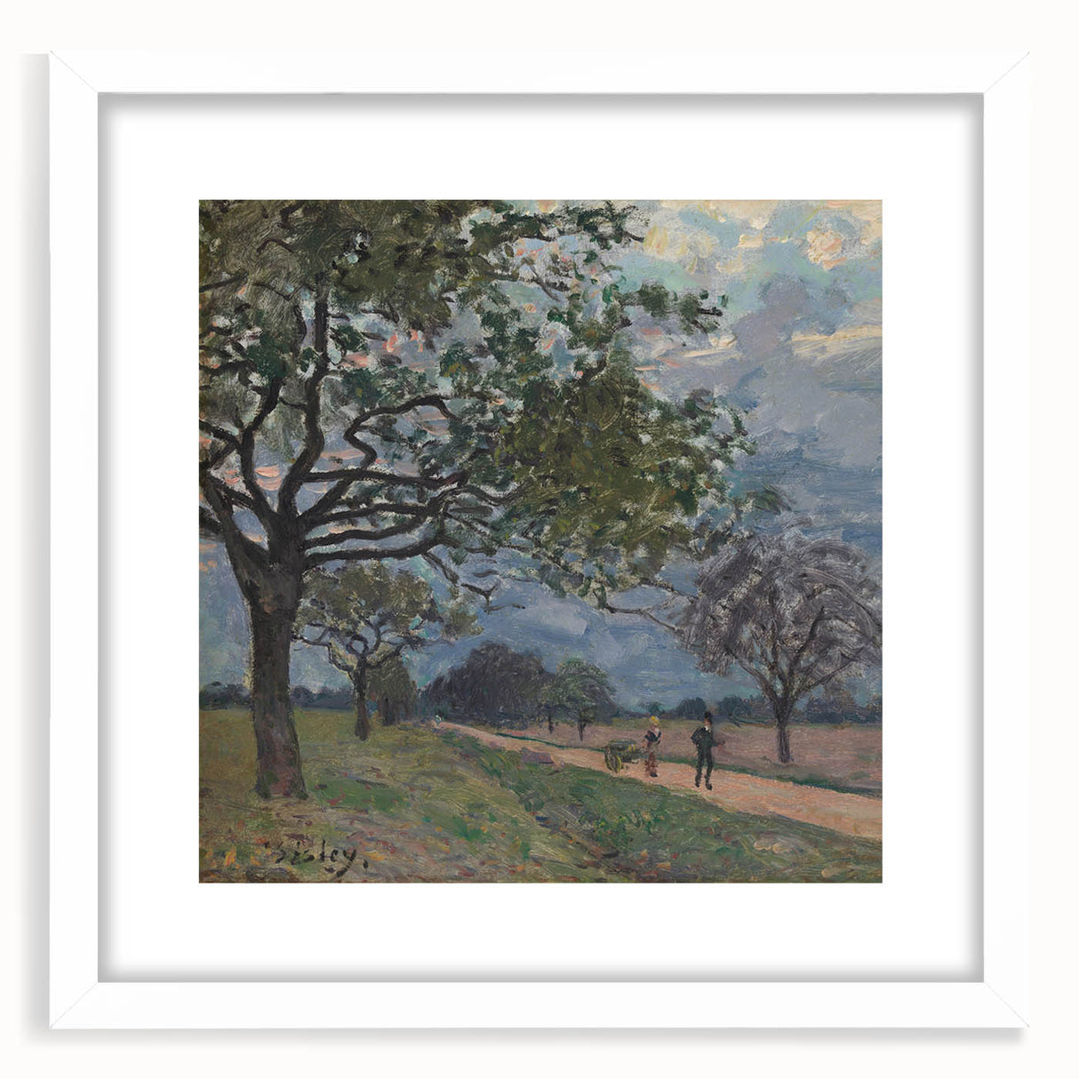 Abstract art print of a serene river landscape in soft blue and green hues, framed with a white mat.