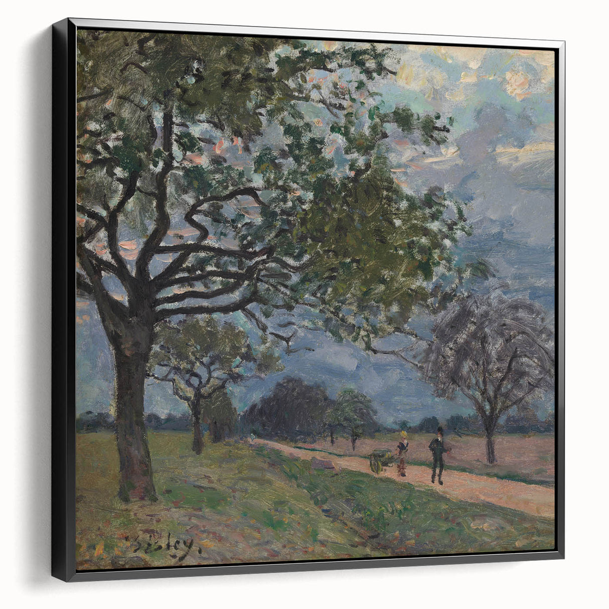 Black and white framed canvas featuring a vintage landscape painting, ideal for bedroom wall decor.
