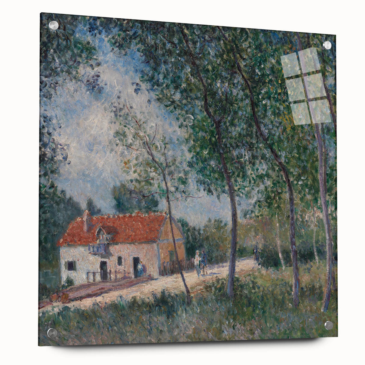Acrylic print of an Alfred Sisley abstract design in soft blue and green tones, ideal for dining room decor.