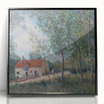Large abstract wall art depicting a mid-century modernist scene in muted earth tones on framed acrylic.