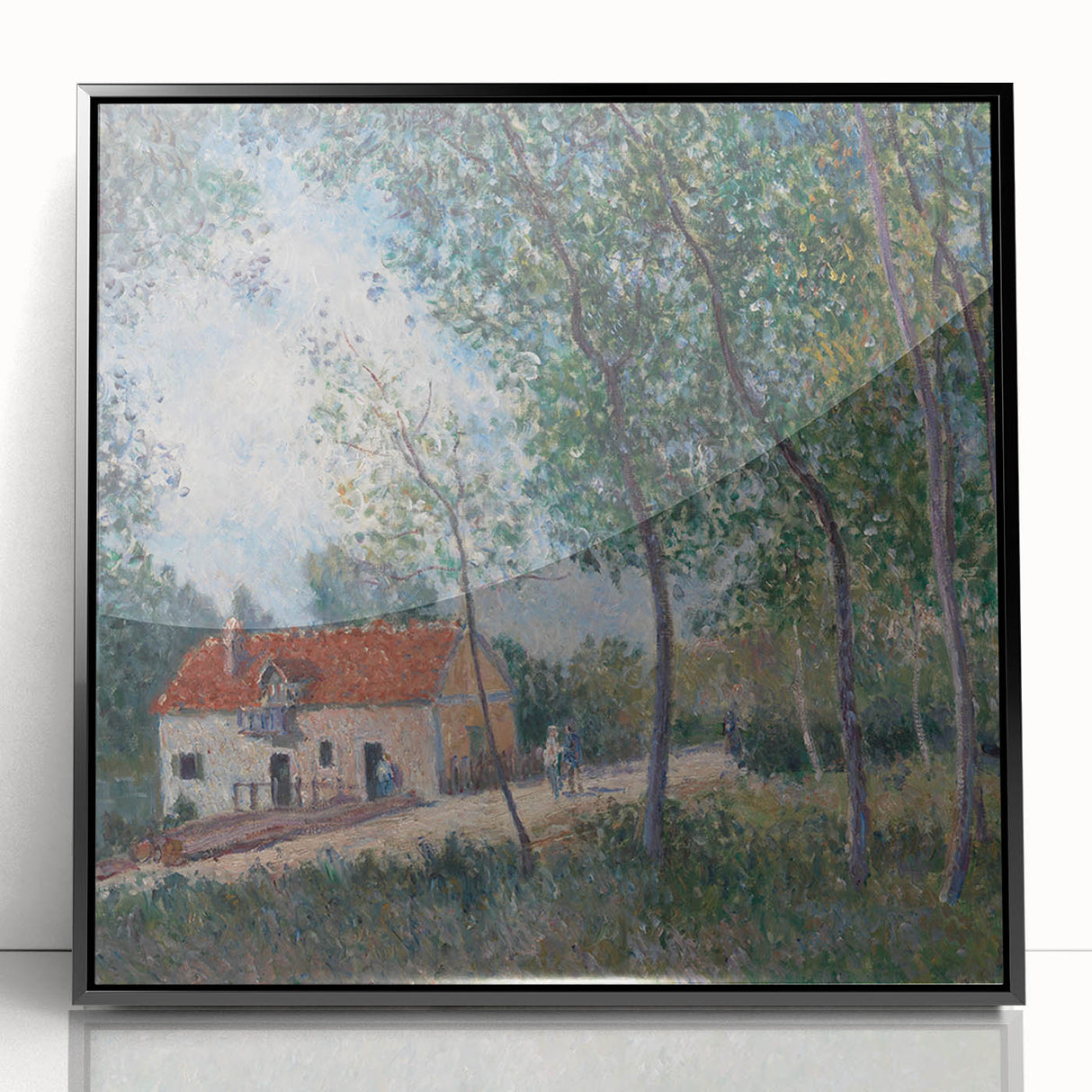 Large abstract wall art depicting a mid-century modernist scene in muted earth tones on framed acrylic.