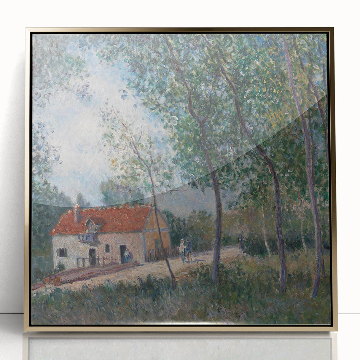 Mid-century modernist art depicting a serene landscape in soft green and blue tones, framed in gold acrylic.