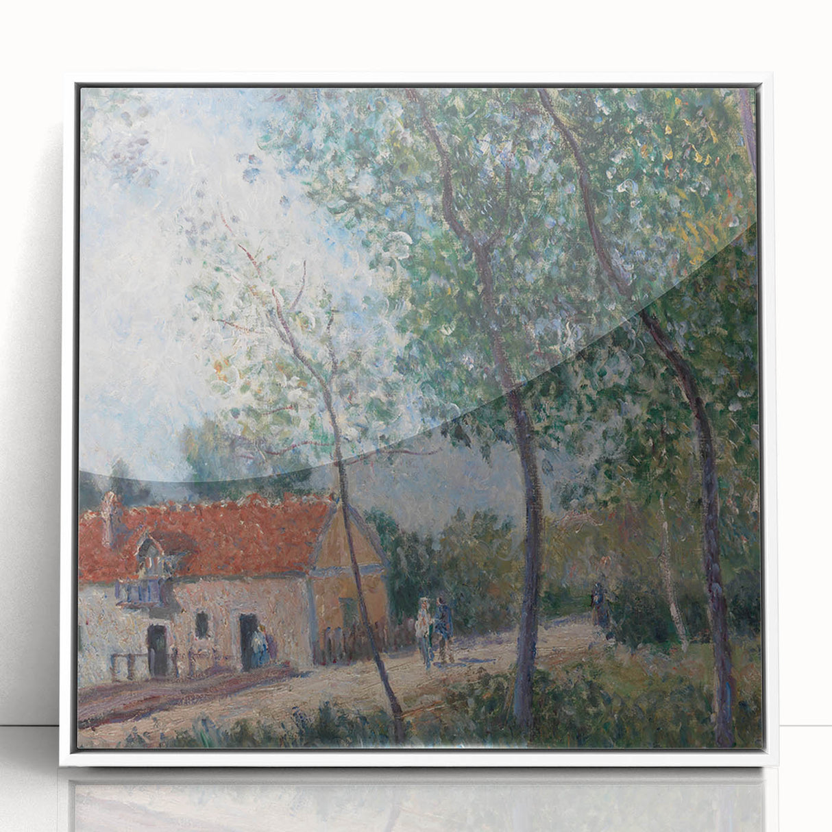 Art deco poster featuring a serene riverscape in pastel colors, framed in white acrylic, ideal for nursery wall art.