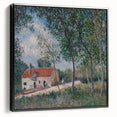 Black and white framed canvas of a vintage landscape painting, ideal for bedroom wall art.
