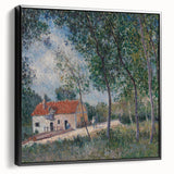 Black and white framed canvas of a vintage landscape painting, ideal for bedroom wall art.