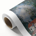 Art deco style poster of a serene landscape on rolled canvas, featuring soft green and blue tones.
