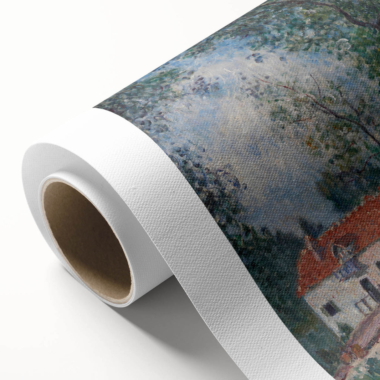 Art deco style poster of a serene landscape on rolled canvas, featuring soft green and blue tones.