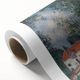 Art deco style poster of a serene landscape on rolled canvas, featuring soft green and blue tones.