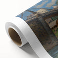 Art deco poster of a serene river scene in pastel shades on rolled canvas.