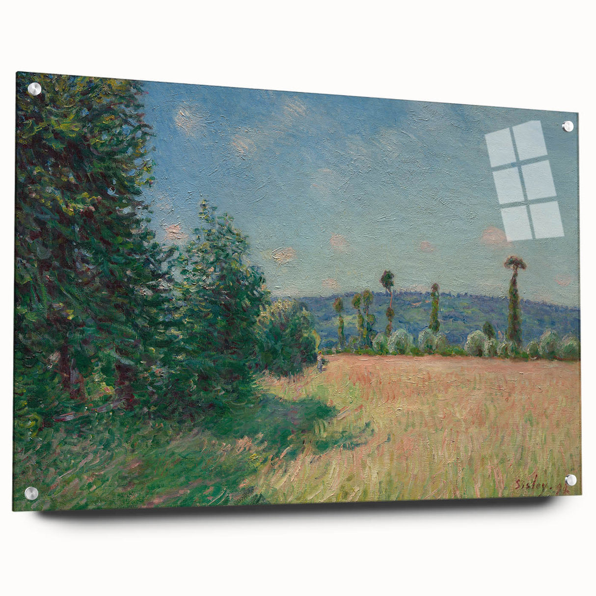 Acrylic print of an Alfred Sisley impressionist landscape, featuring soft pastel shades, ideal for dining room decor.