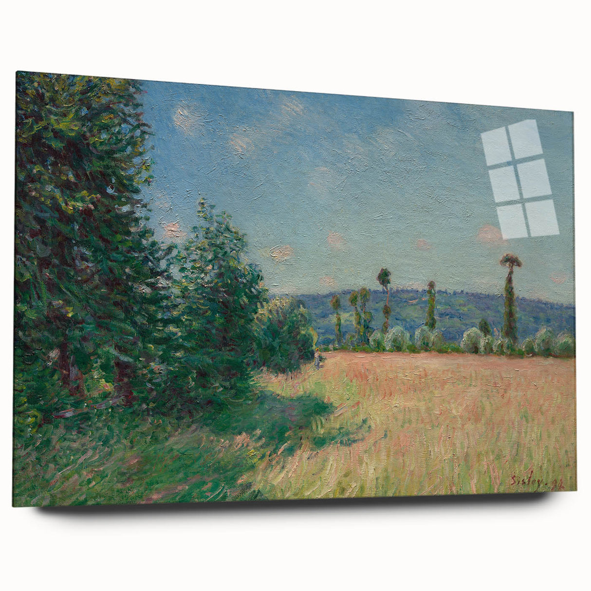 Side view of a large abstract wall art by Alfred Sisley on acrylic glass, showcasing muted earth tones.