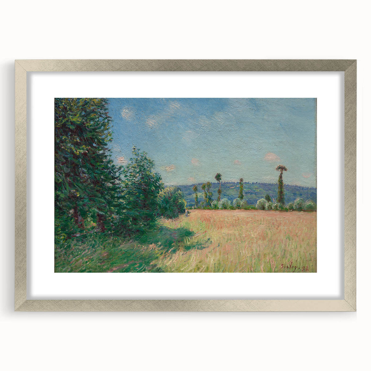 Textured abstract art print featuring muted earth tones on a silver-framed canvas, ideal for bedroom art.